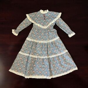 Vtg Little Star Girls Prairie Dress 5 Cottagecore Floral Lace Ruffle Gunne Style